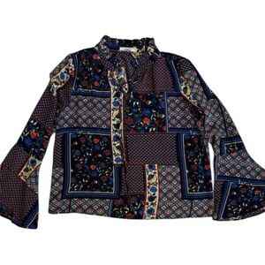 Hazel Anthropologie Boho Multicolor Floral Patchwork Blouse Bell Sleeve Women M